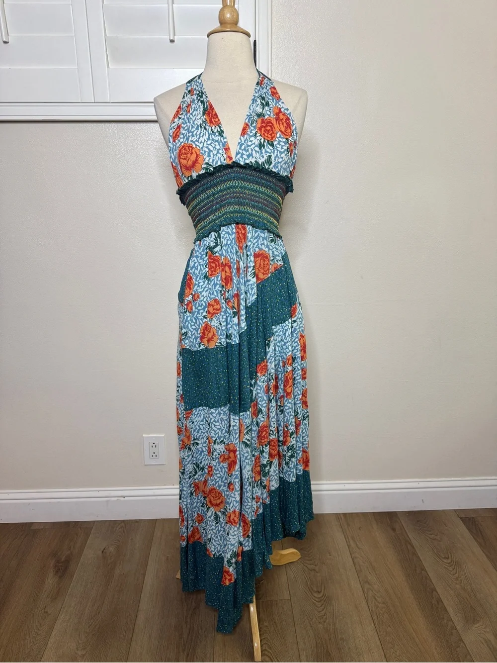 Free People Teal Halter Backless Maxi Dress with Orange Floral Print - Picture 6 of 8